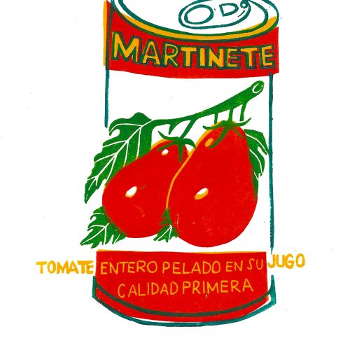 Four colour lincut print of a wonky tin of Martinete tomatoes