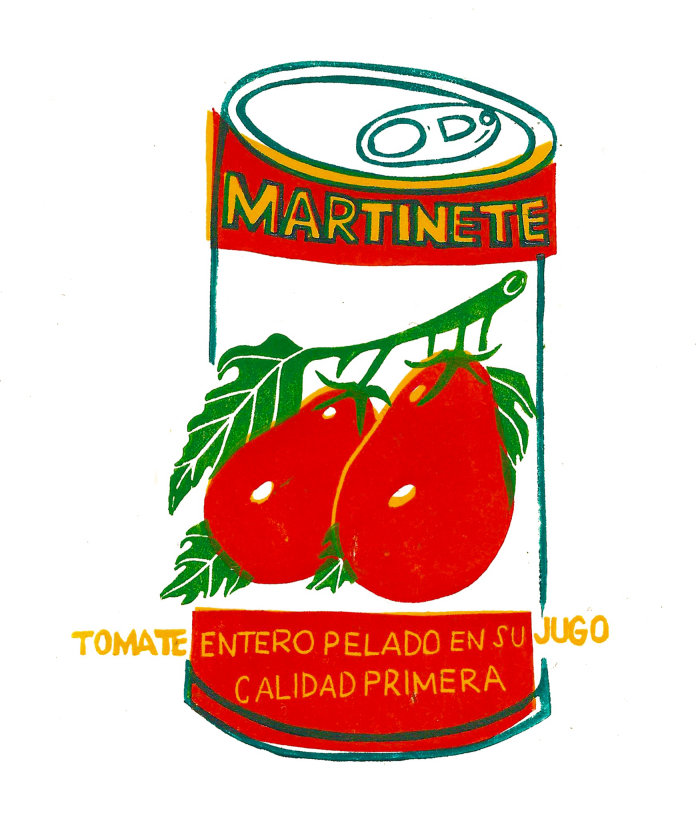 Four colour lincut print of a wonky tin of Martinete tomatoes