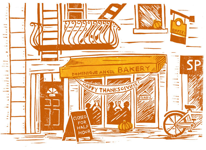A sepia toned two-layer linocut illustration of Dominique Ansel's Bakery In New York City at Thanksg