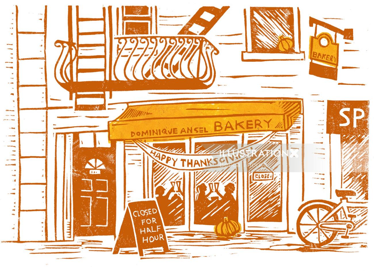 A sepia toned two-layer linocut illustration of Dominique Ansel's Bakery In New York City at Thanksg
