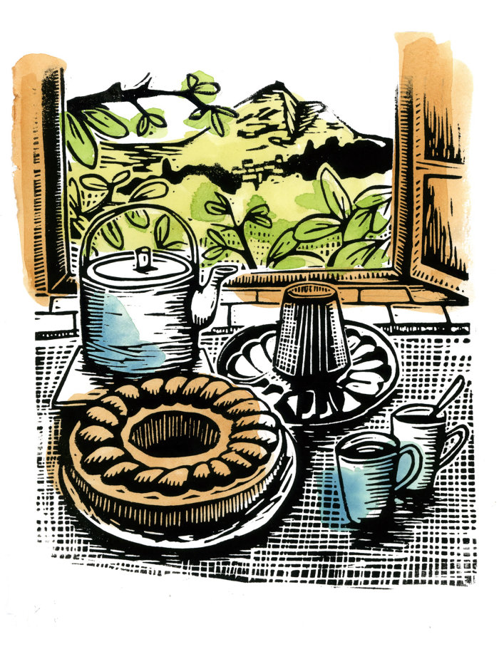 A linocut and watercolour illustration of an Italian cake, teapot and mugs, sitting in front of an o