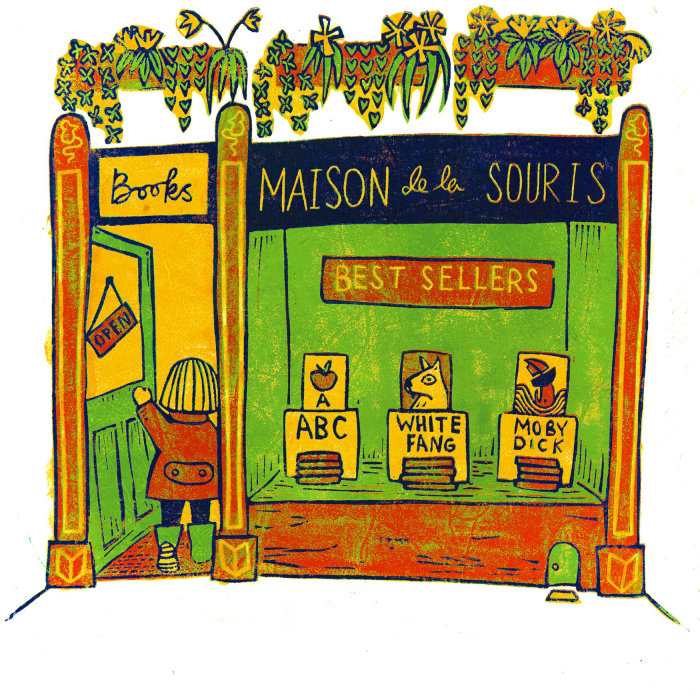 Illustration de linogravure en quatre couleurs d&#39;une petite fille entrant dans une librairie appelée Maison de la Souris