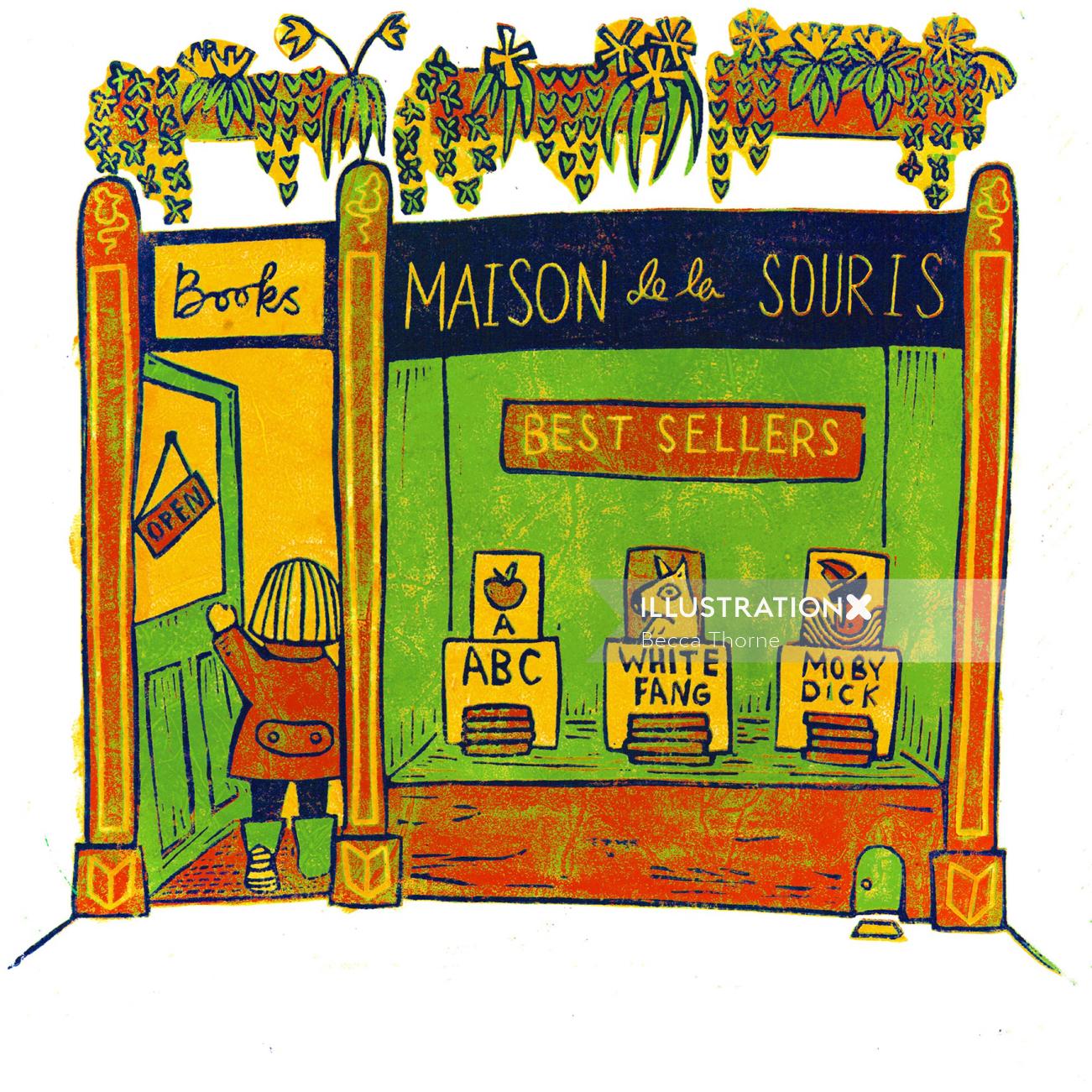 Maison de la Souris という書店に足を踏み入れる少女の 4 色のリノカットのイラスト