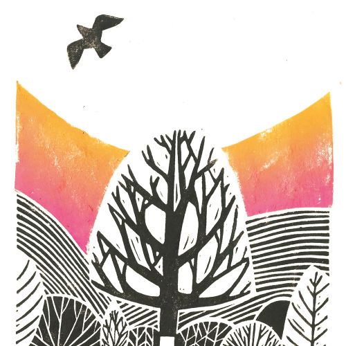 Black and white linocut illustration of a tree in winter, with a pink and orange gradient sunset in 