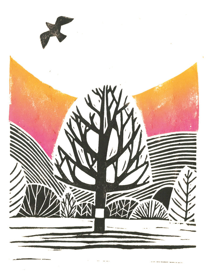 Illustration en linogravure noire et blanche d&#39;un arbre en hiver, avec un coucher de soleil dégradé rose et orange