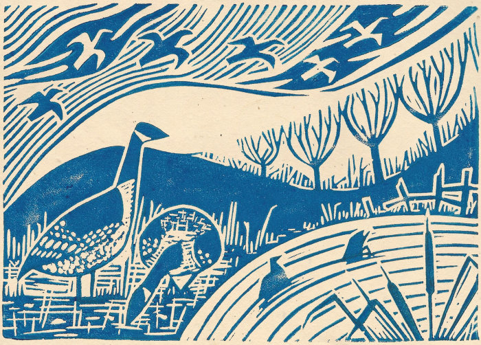 Blue and white linocut print of canada gees by a pond, with wintry trees in the background and styli