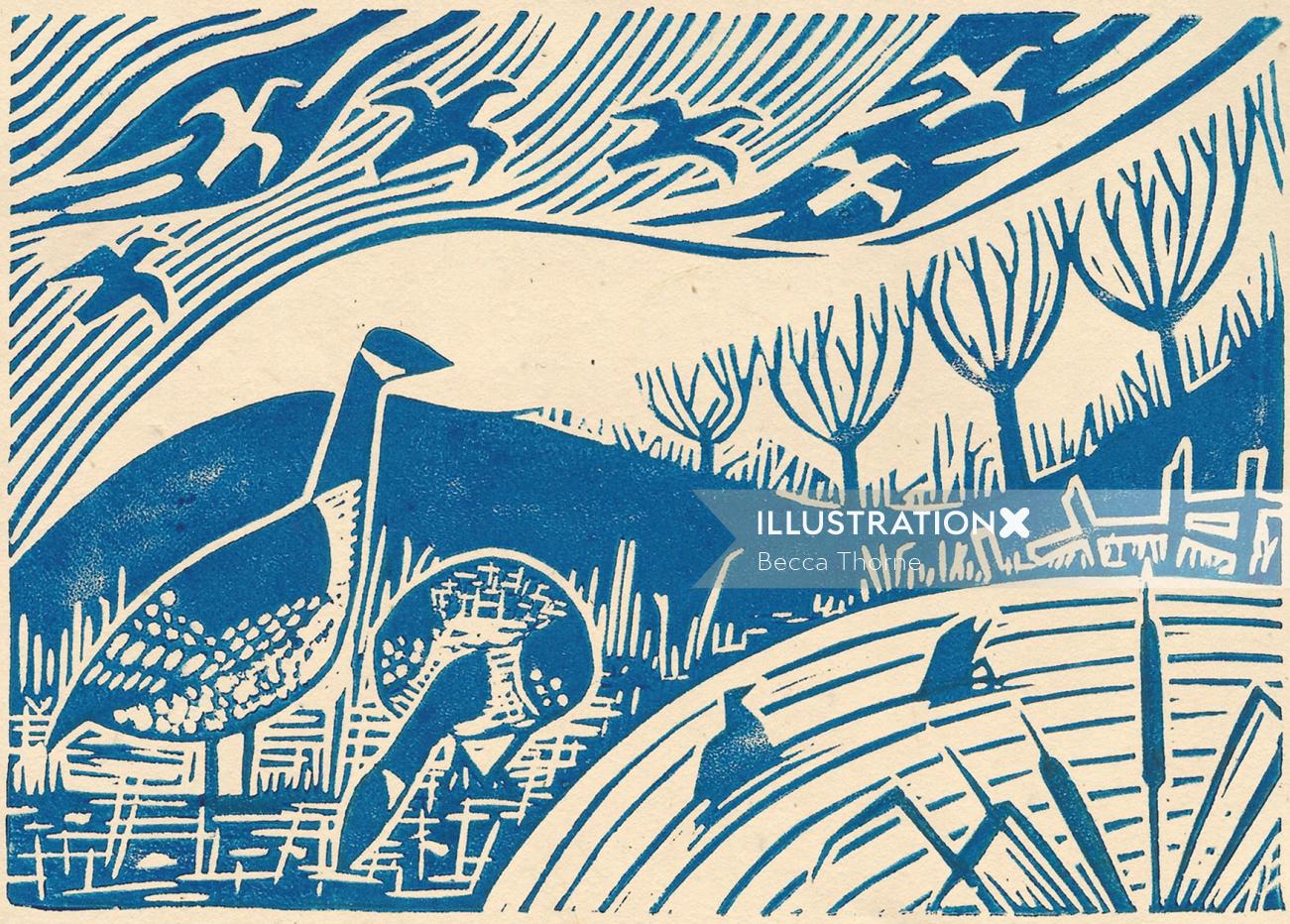 Blue and white linocut print of canada gees by a pond, with wintry trees in the background and styli