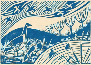 Geese and birds in snowy scene linocut