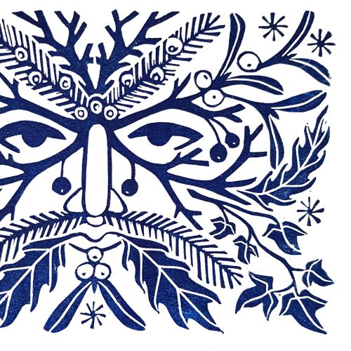 A linocut illustration of the celtic Holly King, or Old Man Winter, staring straight at the viewer, 