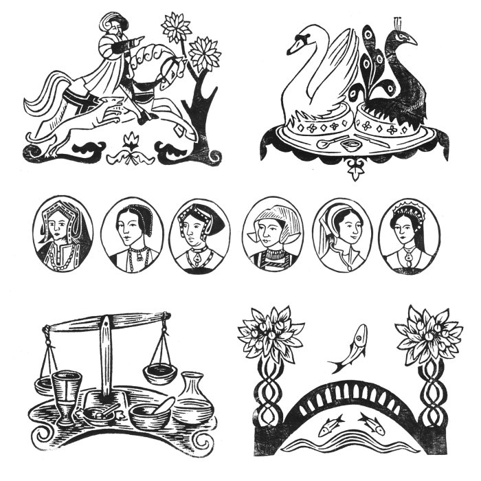 Gravure sur bois de style médiéval en noir et blanc des têtes de chapitre montrant Henry VIII chassant sur un cheval avec un