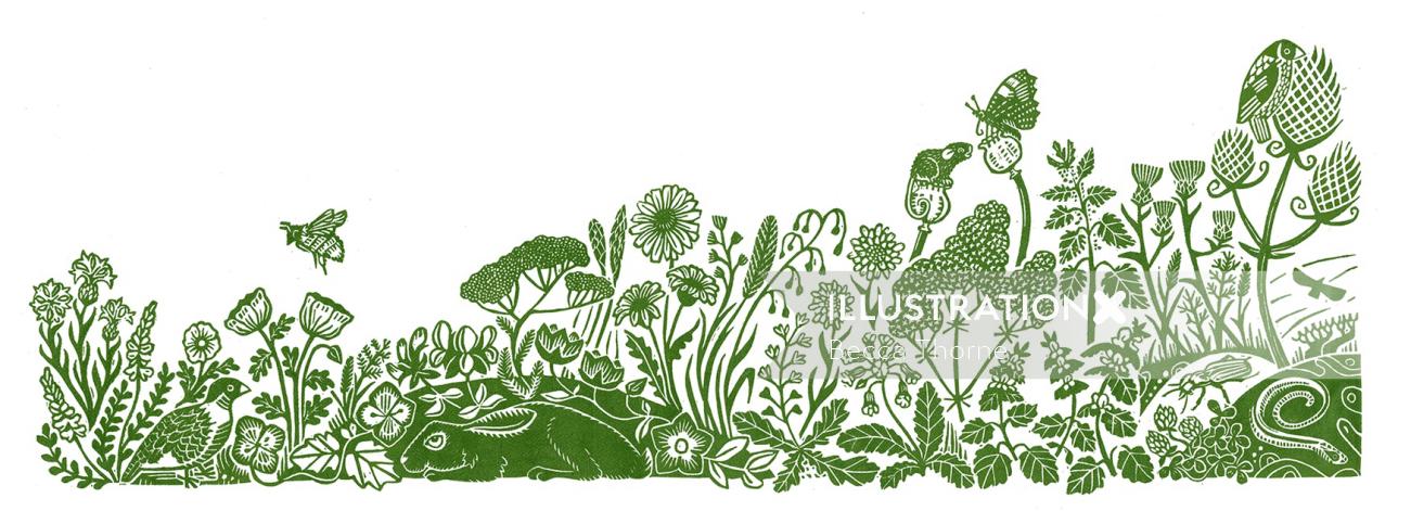 部分を含む、フィールド マージンの動植物を示す単色の風景イラスト