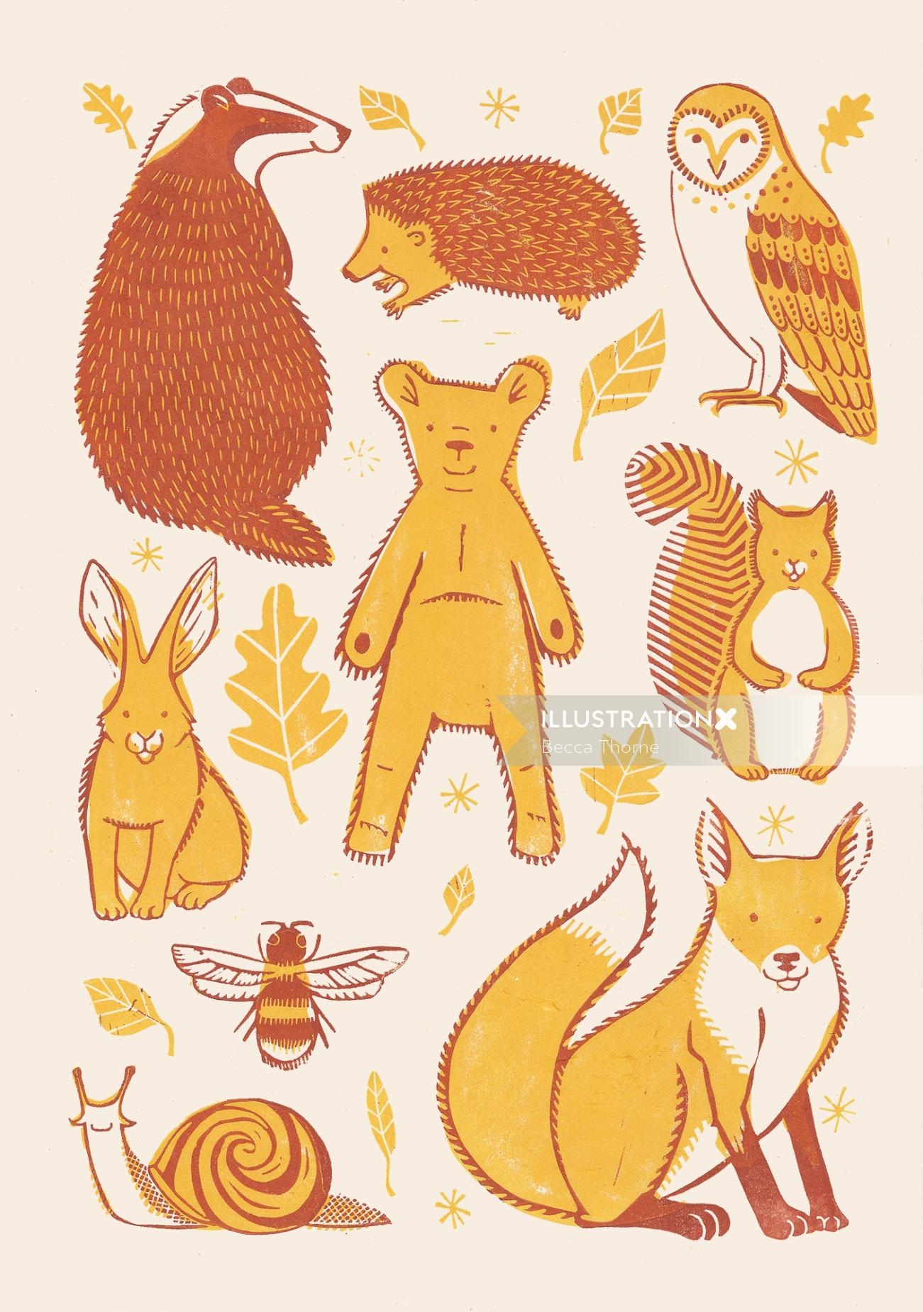 a cute linocut print of woodland animals in autumnal colours