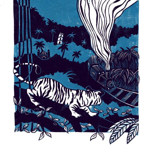 a blue-toned linocut illustration of a Bengal tiger, looking away from the viewer, towards a Victori