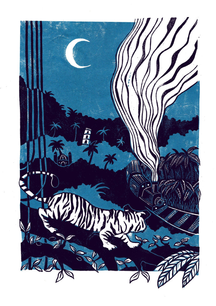 une illustration de linogravure aux tons bleus d&#39;un tigre du Bengale, regardant loin du spectateur, vers un Victori