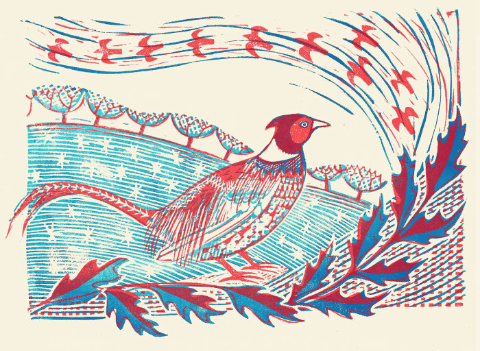 Une illustration de linogravure rouge et bleue d&#39;un faisan mâle debout dans un champ hivernal, avec du houx dans le