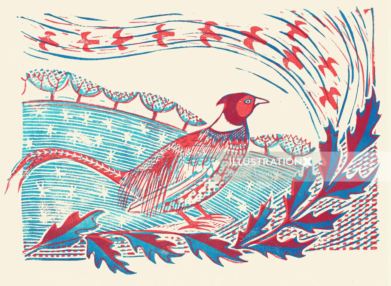 冬の野原に立つオスのキジの赤と青のリノカットのイラスト。