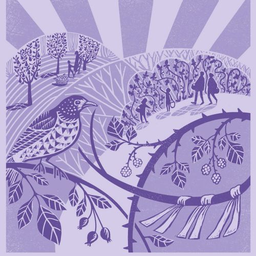 Digital linocut of song thrush with autumn brambles and foragers