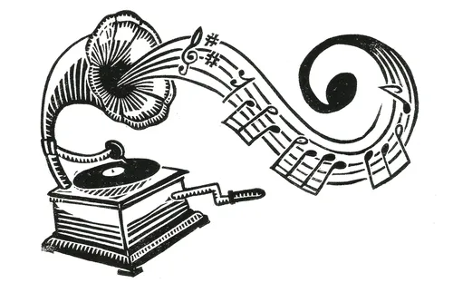 Vintage-Grammophon mit fließender Notenschrift