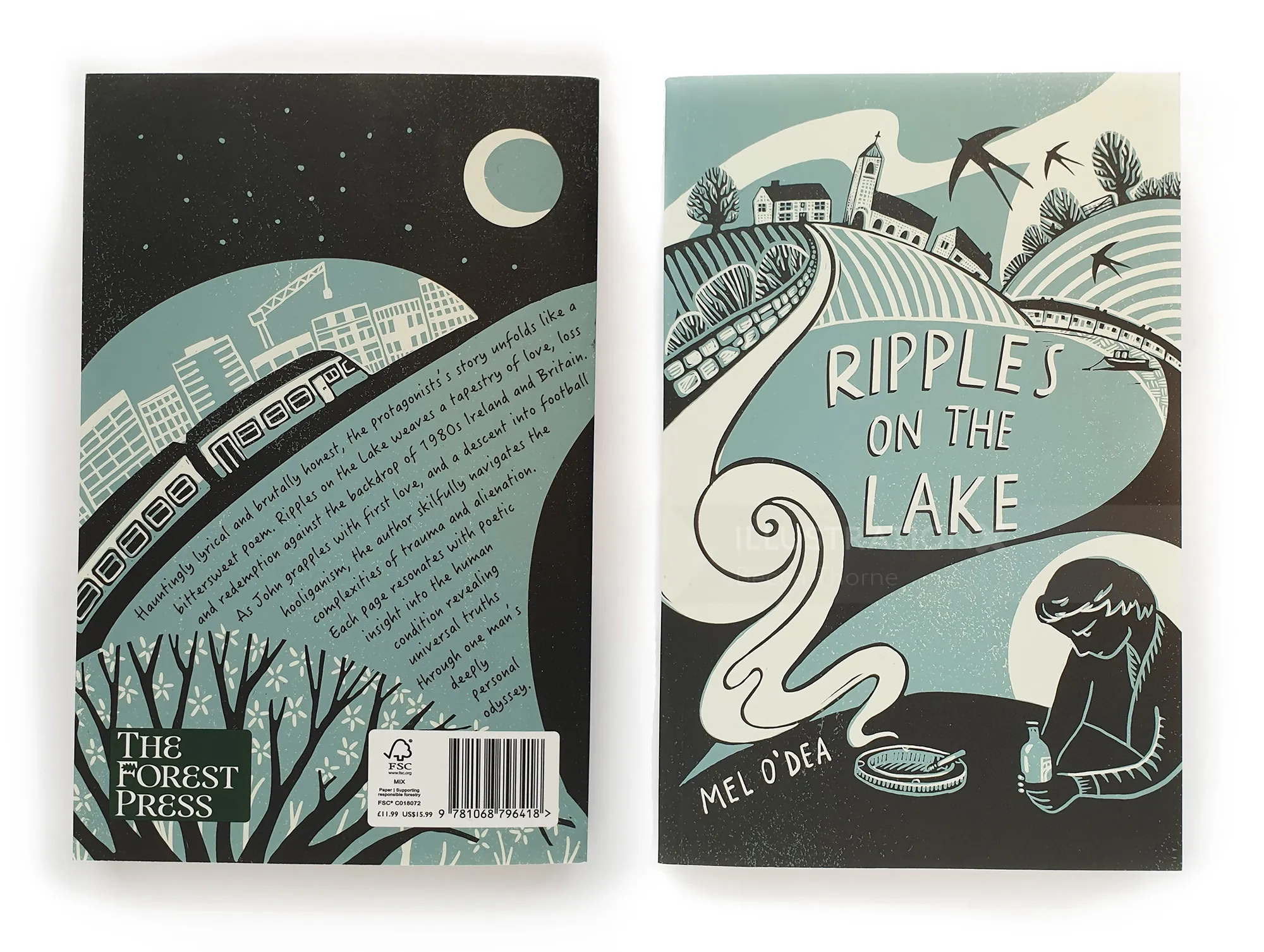 Zweiteilige Buchcover-Illustration mit stilisiertem See und Zug