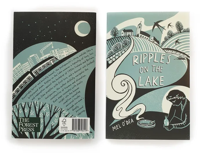 Two-panel book cover illustration with stylized lake and train