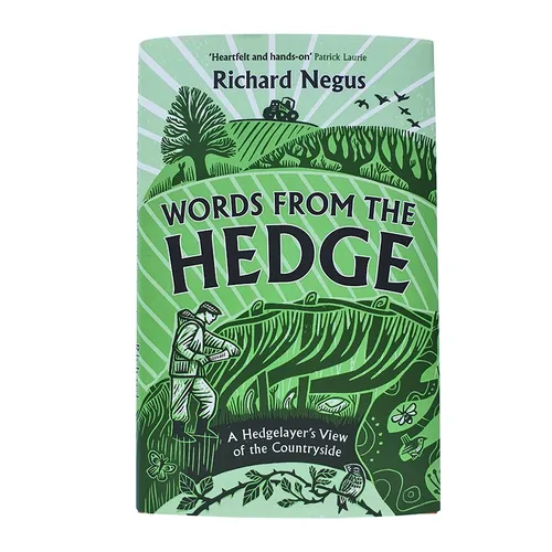 Grünes, illustriertes Buchcover für „Words from the Hedge“ von Richard Negus