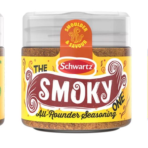 Four tubs of Schwarz All Rounders spice mixes with hand lettering by Becca Thorne