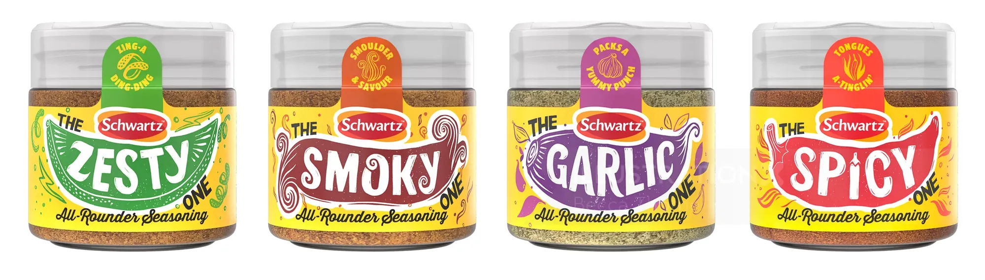 Cuatro botes de mezclas de especias Schwarz All Rounders con letras escritas a mano por Becca Thorne