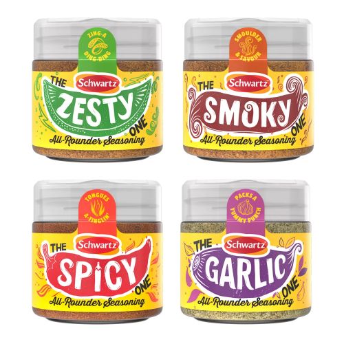 Hand-lettered Schwartz seasoning jars with flavor illustrations by Becca Thorne