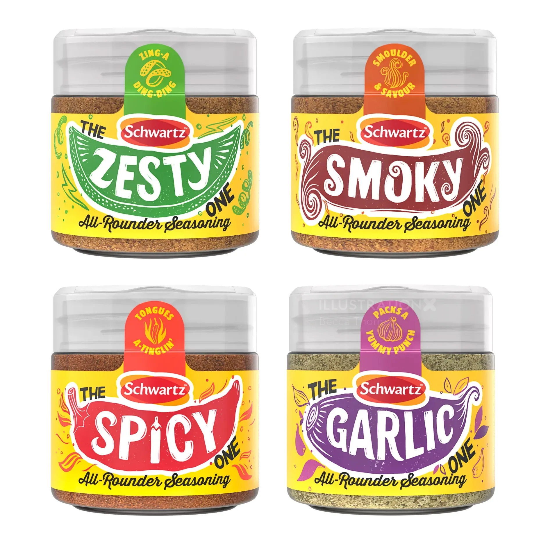 Handbeschriftete Schwartz-Gewürzgläser mit Geschmacksillustrationen von Becca Thorne