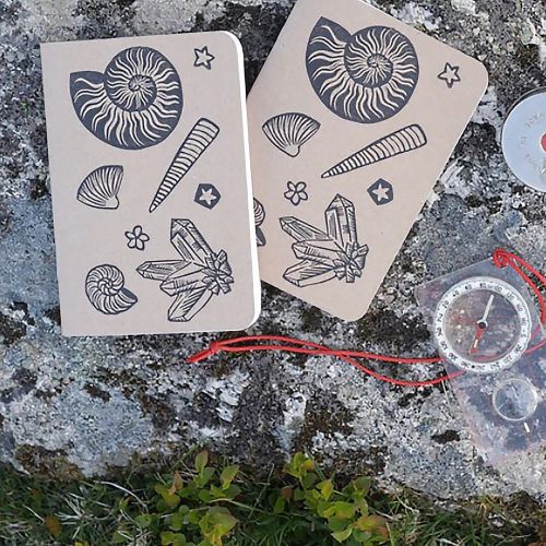 Two notebooks with fossil linocut covers on rock with compass and map by Becca Thorne