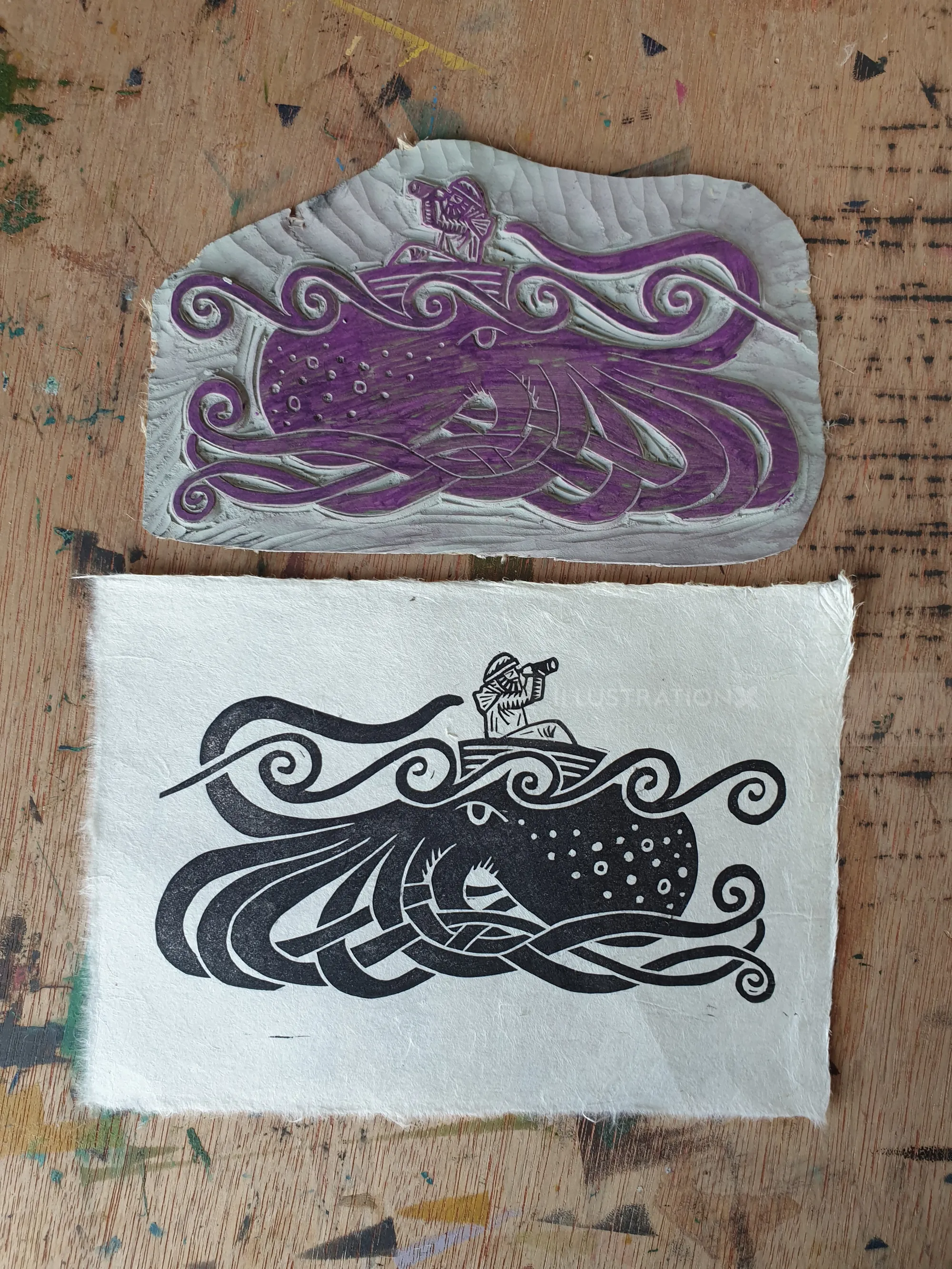 Linocut print and carved block of fisherman on kraken by Becca Thorne
