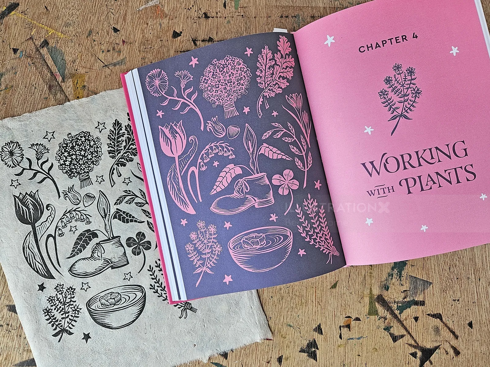 Offenes Buch mit botanischen Illustrationen und dem Kapiteltitel „Arbeiten mit Pflanzen“ von Becca Thorne
