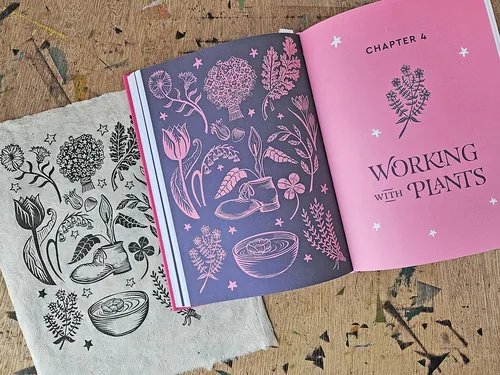 Offenes Buch mit botanischen Illustrationen und dem Kapiteltitel „Arbeiten mit Pflanzen“ von Becca Thorne