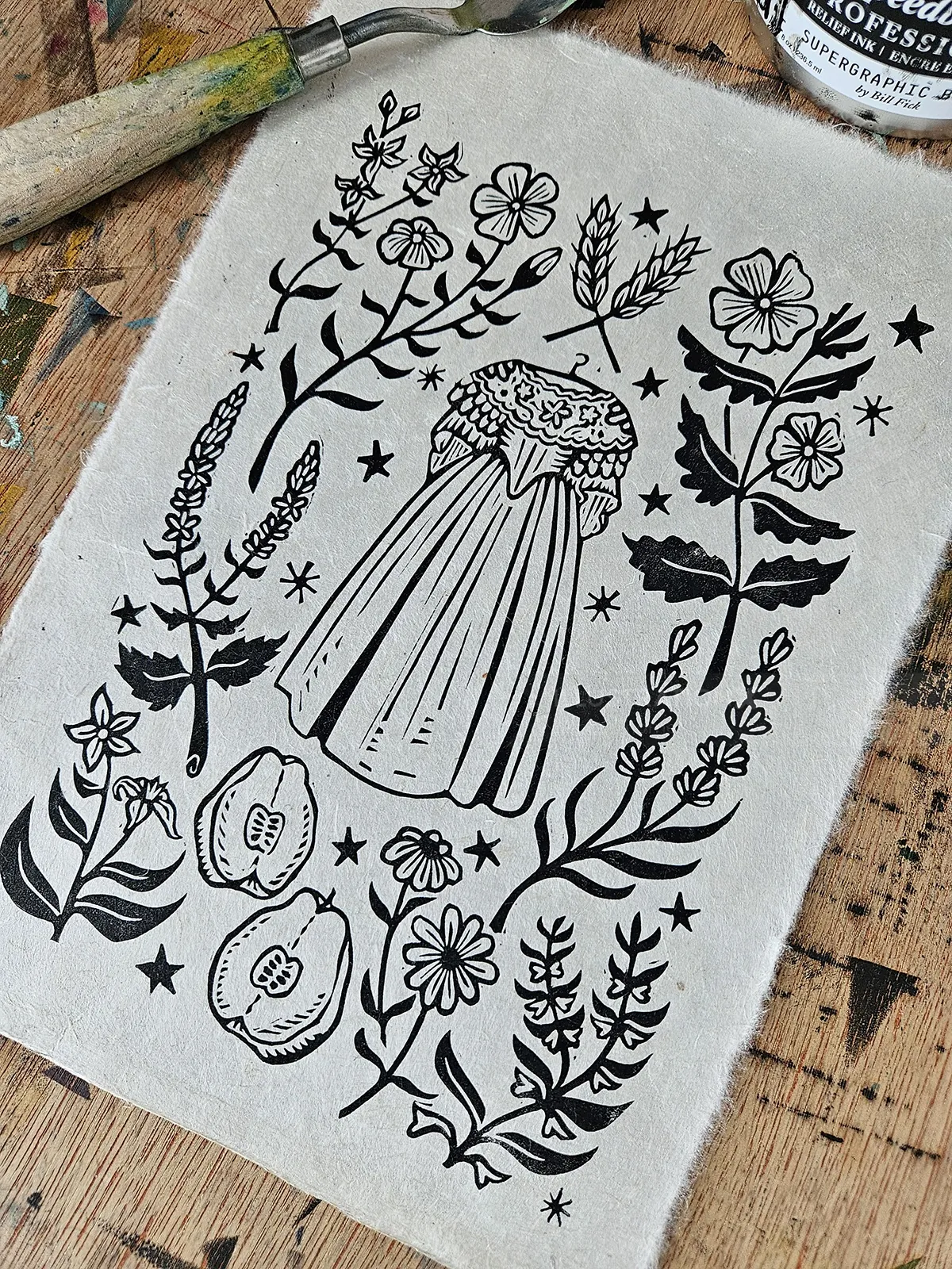 Black and white botanical illustration on fabric by Becca Thorne