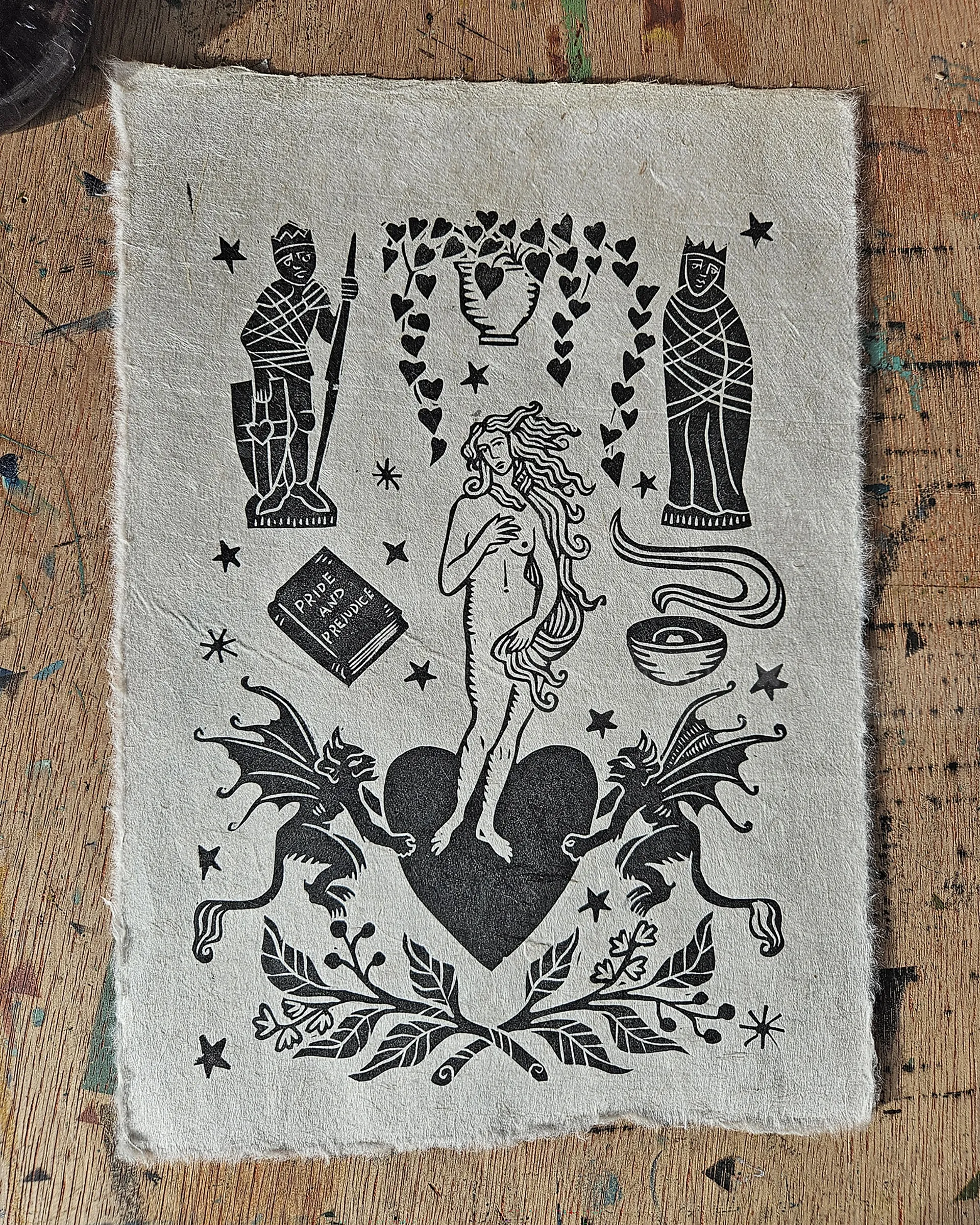 Becca Thorne Schwarz-Weiß-Illustration im Tarotkartenstil mit Figuren und Symbolen