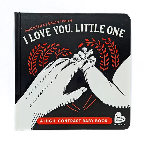 High-contrast baby book cover with adult and baby hands holding fingers by Becca Thorne