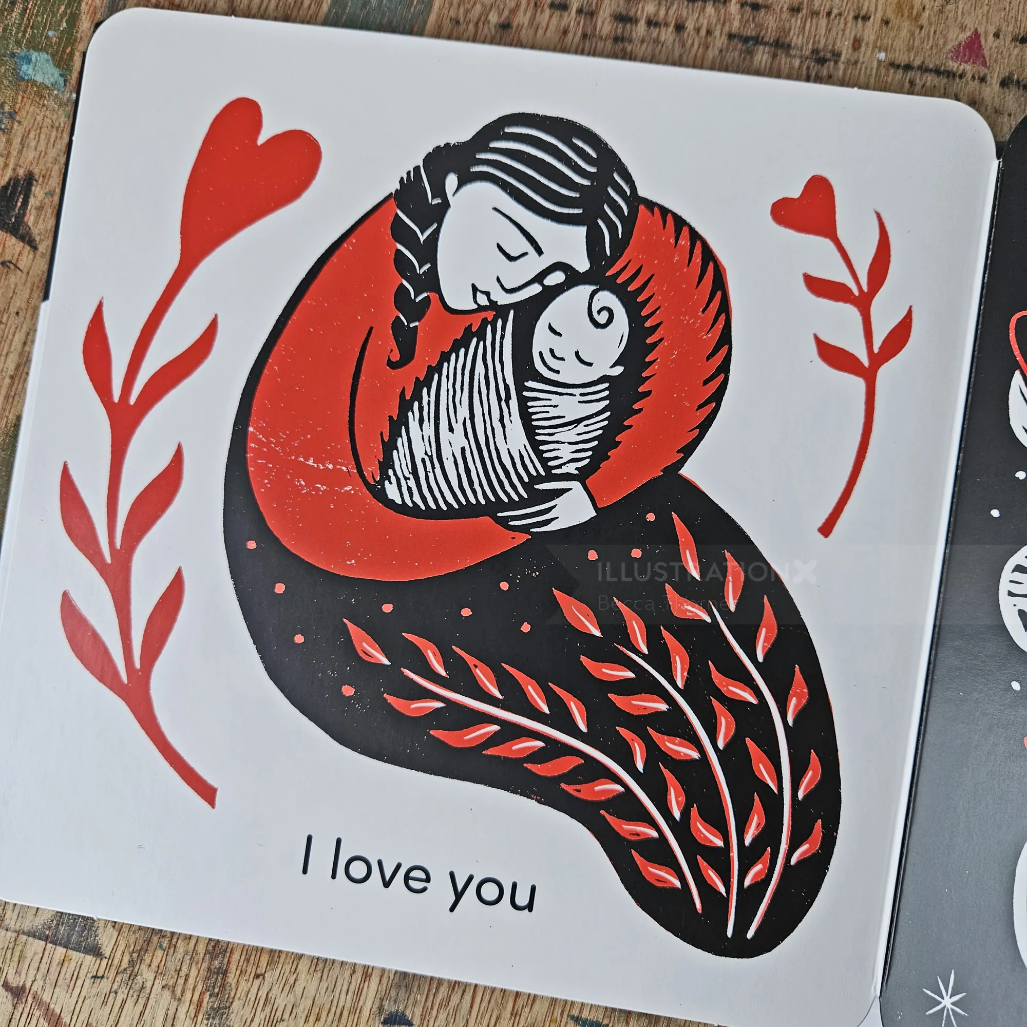 Mother embracing baby with red leaves and hearts by Becca Thorne