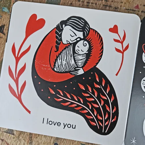 Mother embracing baby with red leaves and hearts by Becca Thorne