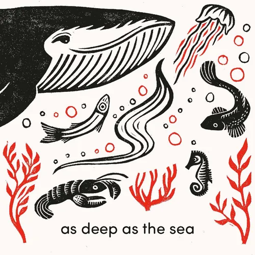 Underwater sea creatures including whale, fish, lobster, and seahorse by Becca Thorne