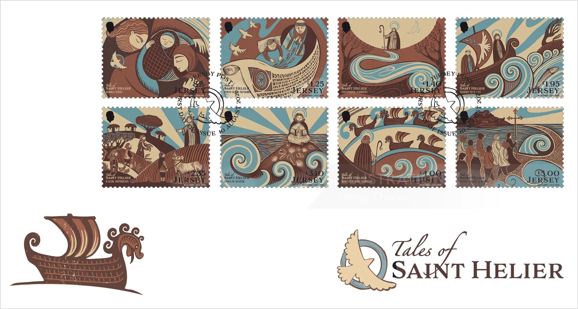 Illustrated Tales of Saint Helier stamps by Becca Thorne with maritime designs