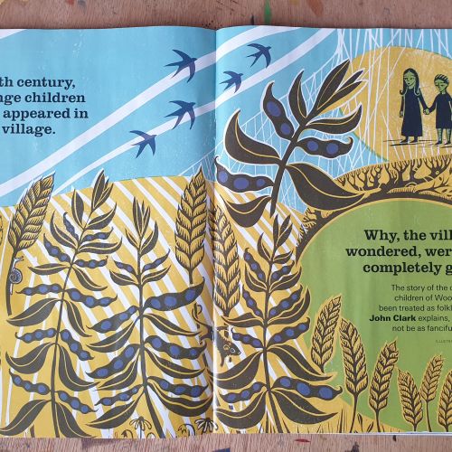 Illustrated book spread from The Green Children of Woolpit by Becca Thorne