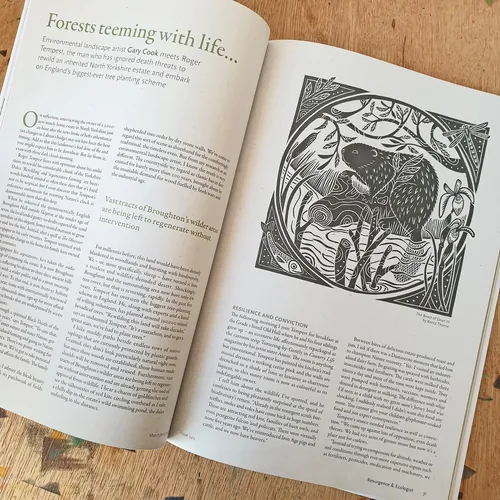Becca Thorne artwork showing a black-and-white forest wildlife illustration in an open book