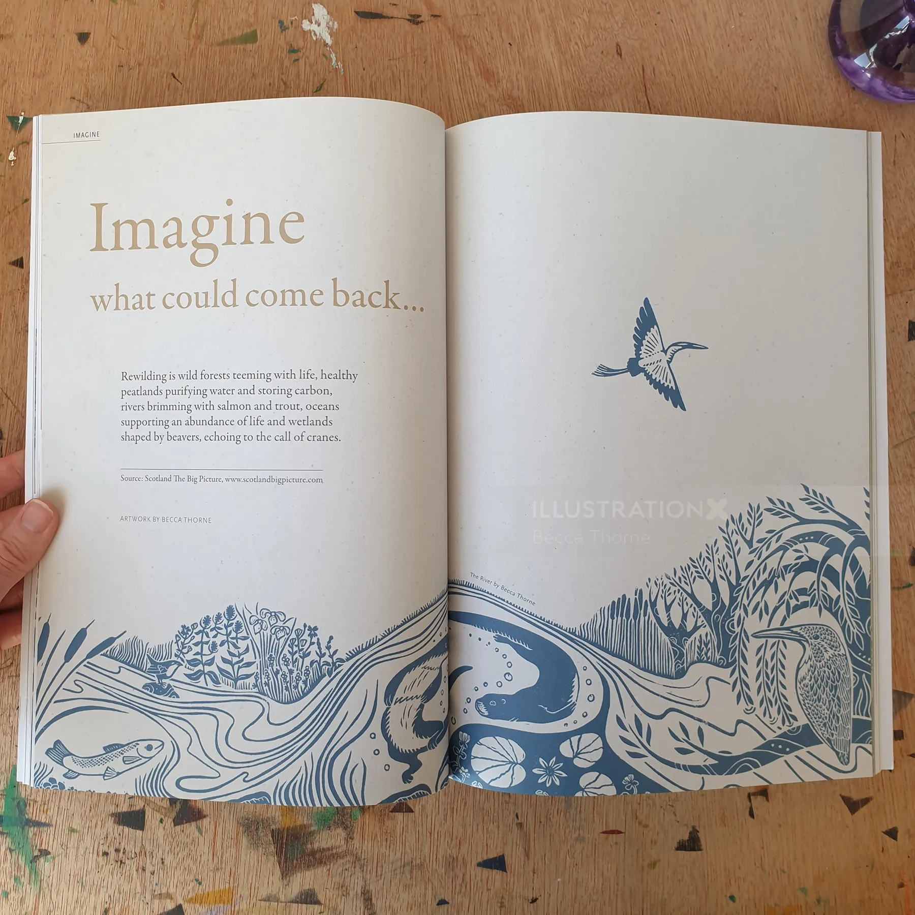Open illustrated book spread by Becca Thorne showing blue nature artwork and poetic text.