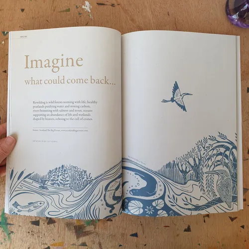 Open illustrated book spread by Becca Thorne showing blue nature artwork and poetic text.