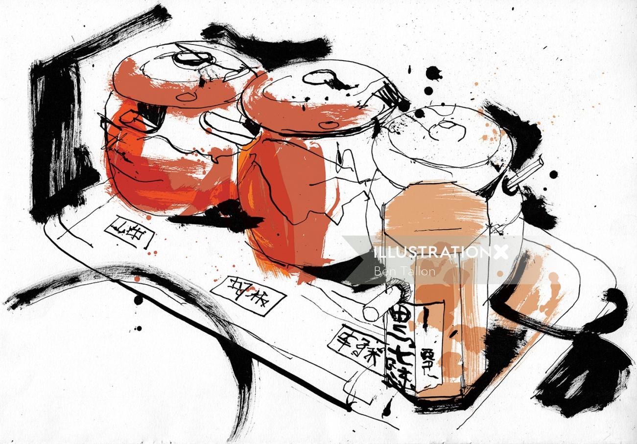 日本食レストランのスパイスの食べ物と飲み物の描画
