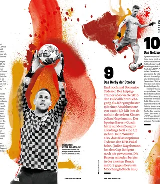 Soccer illustration of goalkeeper catching ball and player running by Ben Tallon