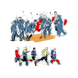 Sketch of rugby players in action with red and yellow details by Ben Tallon