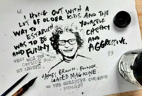 Hand-lettered monochrome portraiture of James Brown