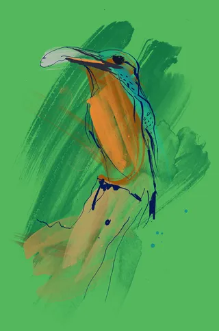 Hand-painted Kingfisher art using watercolor and ink