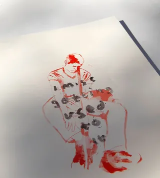 Abstract red and black sketch of a person sitting with guitar